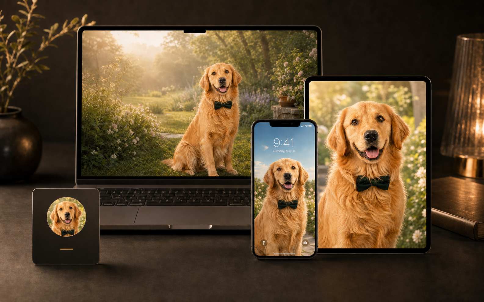 Golden retriever digital pet identity shown as personalized pet artwork on a laptop, phone, tablet, and social avatar