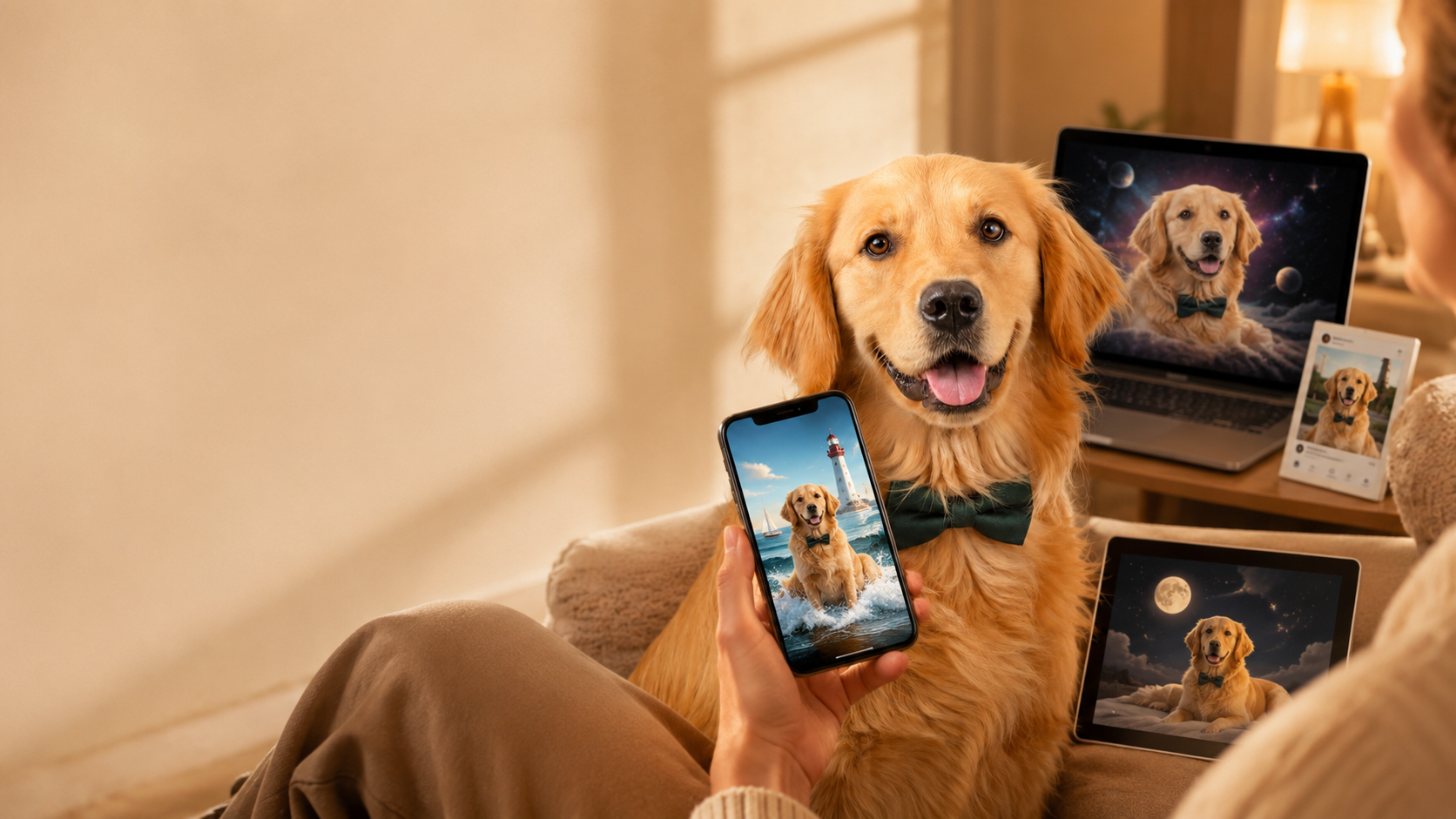 Golden retriever AI pet portrait shown as a digital pet identity across phone, desktop, tablet, and social screens