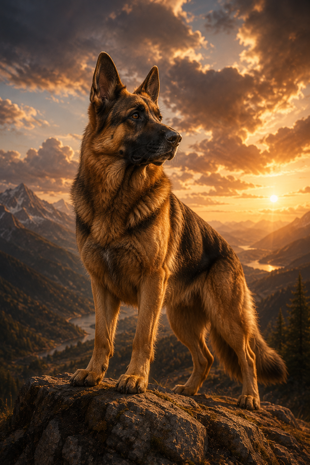 German Shepherd standing heroically above a cinematic mountain valley