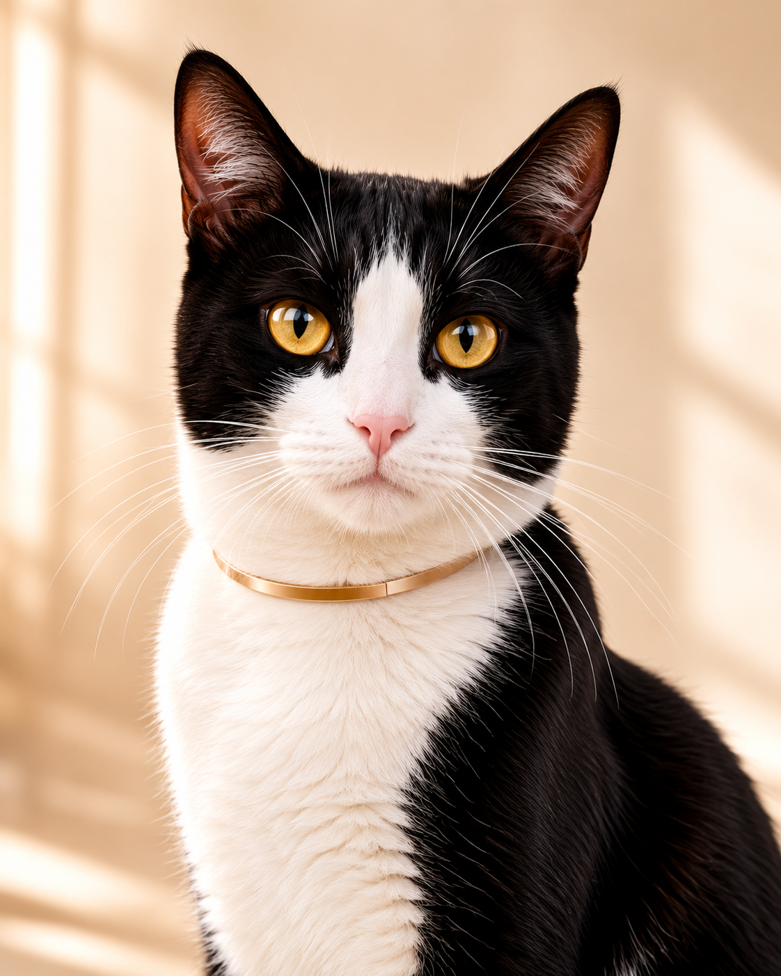 Tux the black and white cat in a polished portrait