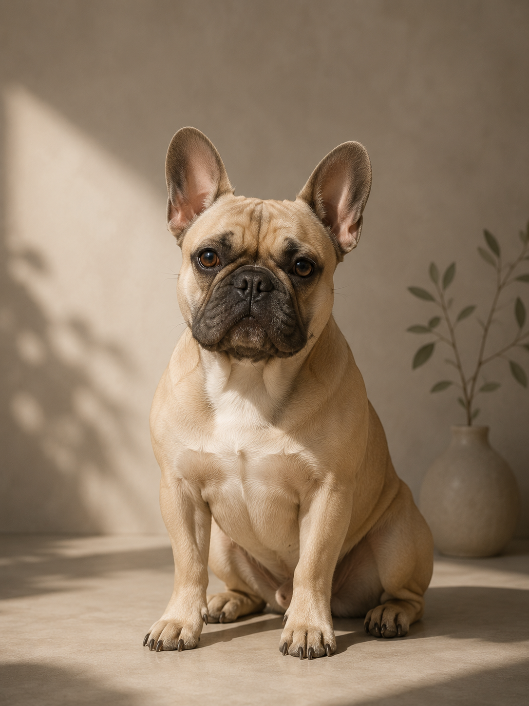 French Bulldog sitting calmly in a warm minimalist interior