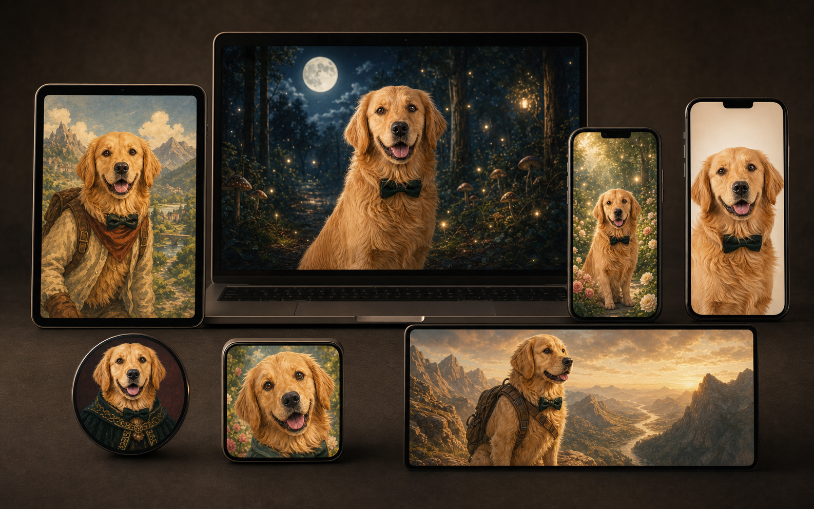 Max entering seven distinct digital worlds across desktop, tablet, phone, avatar, wallpaper, and widget formats