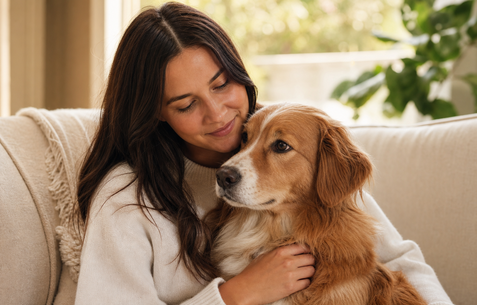One person sharing a warm, quiet moment with one beloved companion