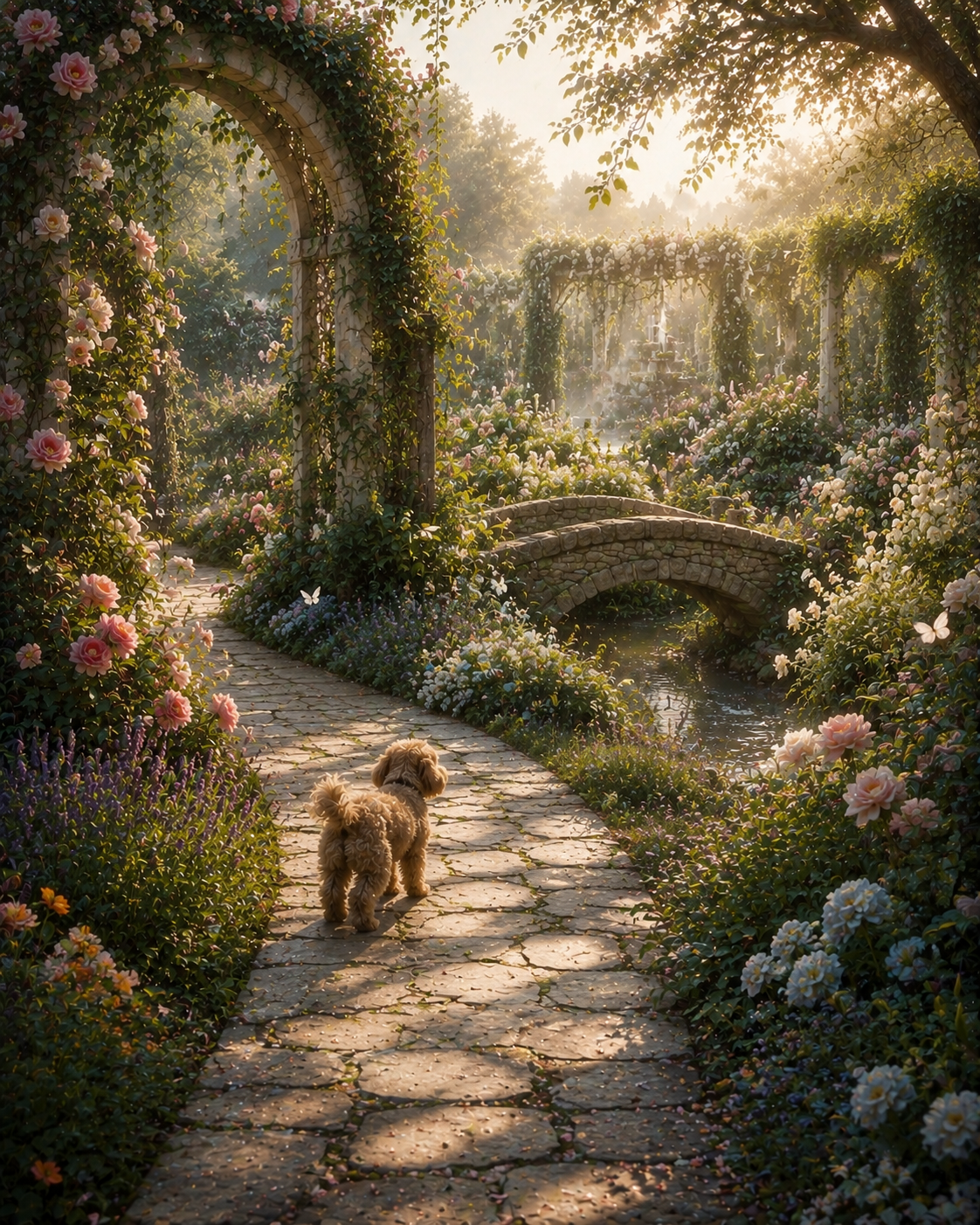 A companion exploring a flower-lined path in the Dream Garden world